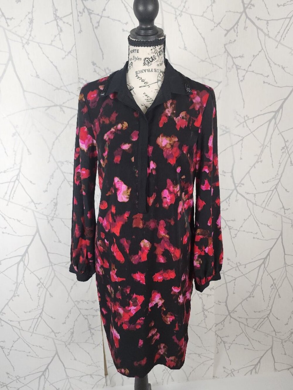 Marc New York Dark Floral Beaded Collar Popover Shirt Dress